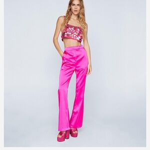 NWT Nasty Gal Vibrant Satin Pink Flared Pants